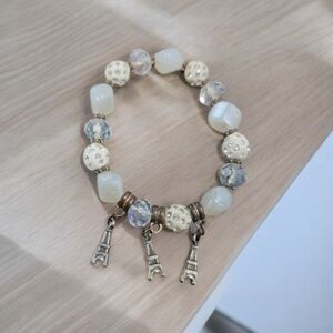 Vintage Paris Eiffel Tower Triple Charm Beaded Stretch Bracelet Cream Clear​
